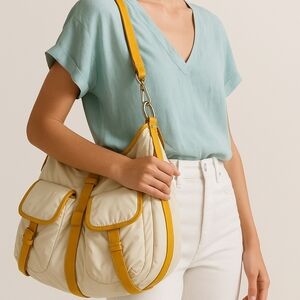 Cole Haan Nylon Large Hobo Shoulder Bag White Yellow Patent‎ Leather Trim Tote